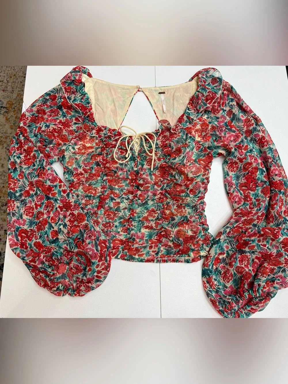 Free People Red Floral Square-Neck Ruffle Blouse size XS
